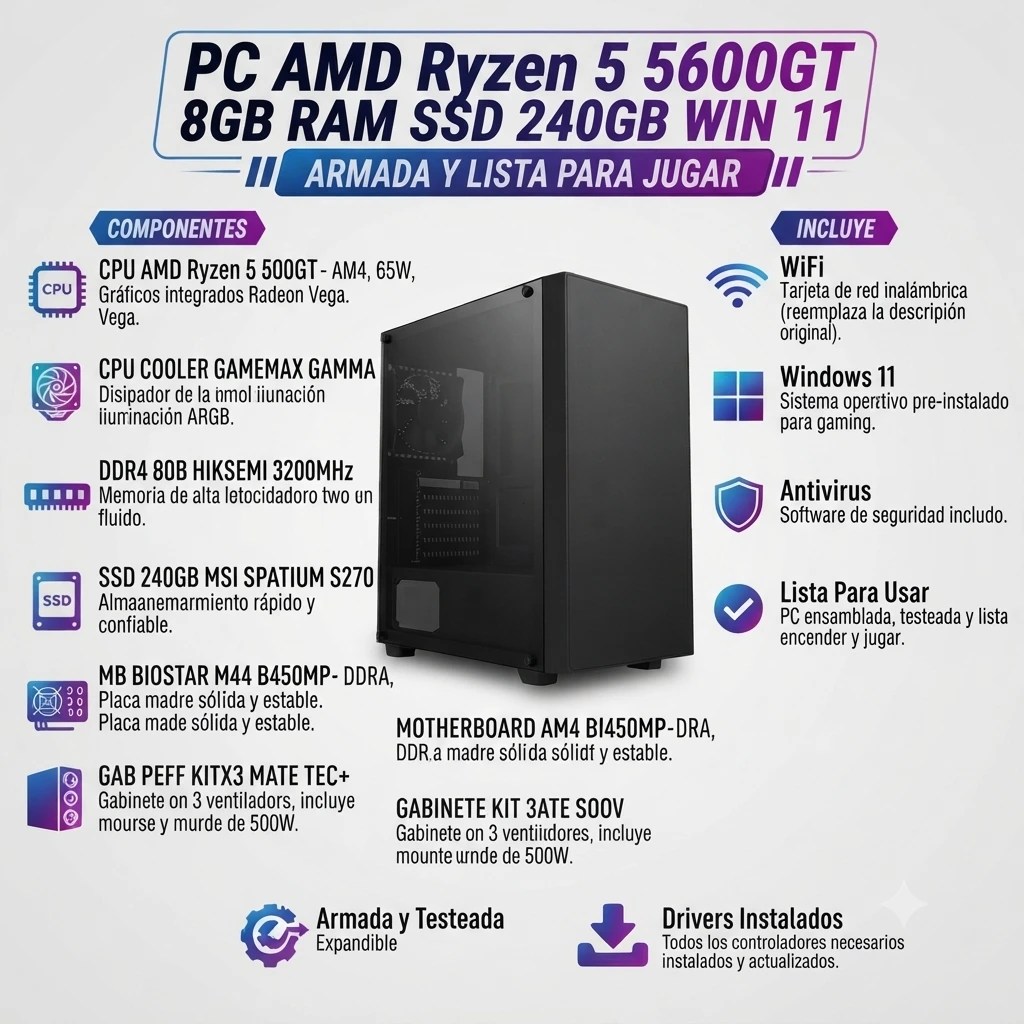 PC AMD Ryzen 5 5600GT 8GB RAM SSD 240GB WIN 11