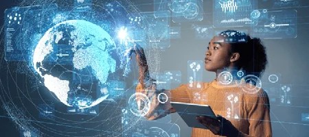young woman viewing futuristic images
