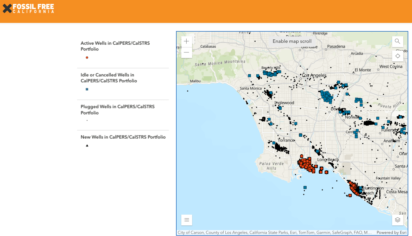 A map of Los Angeles is displayed, highlighting various regions and landmarks. The map is marked with data points indicating different types of data related to fossil fuel divestment.