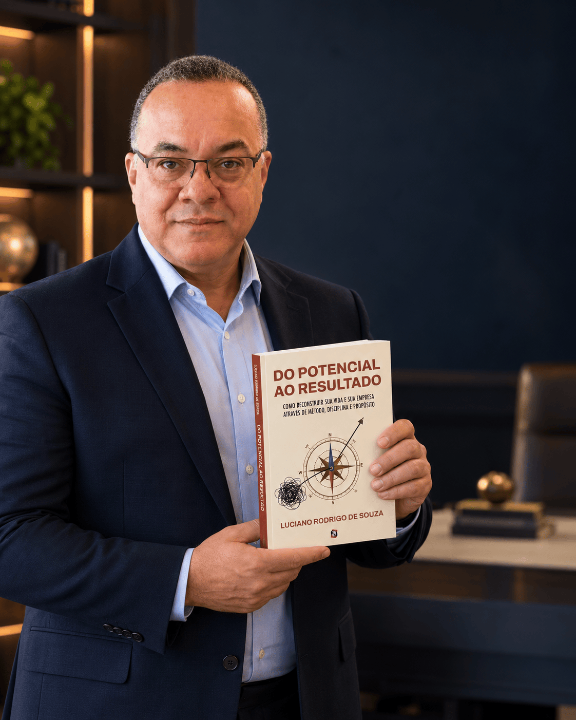 Luciano Rodrigo de Souza com o livro Do Potencial ao Resultado em ambiente de escritório