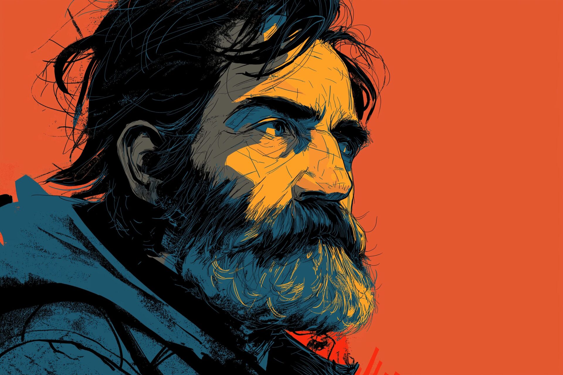 Drawing of an older man with a thick beard