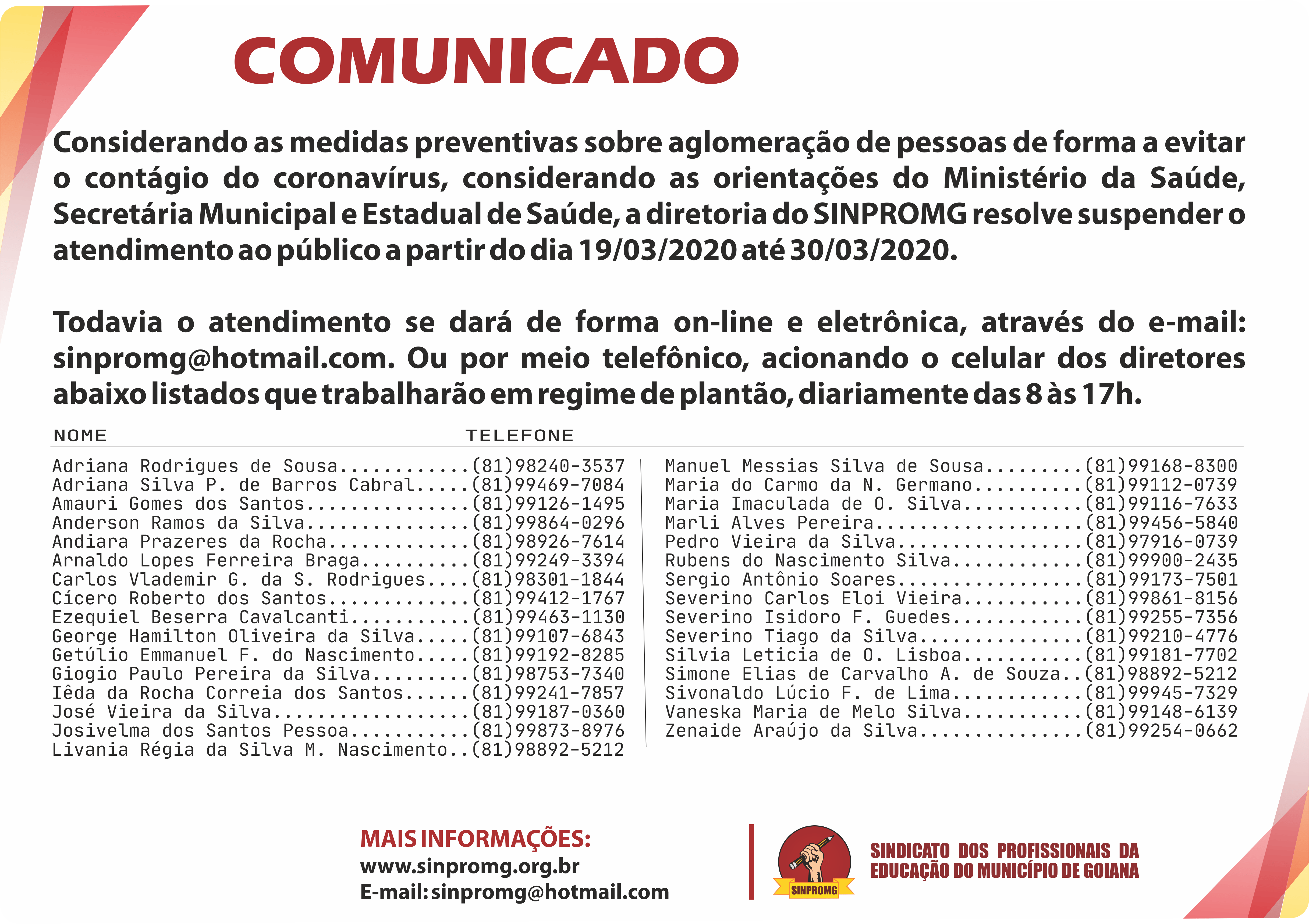 Comunicado coronavírus