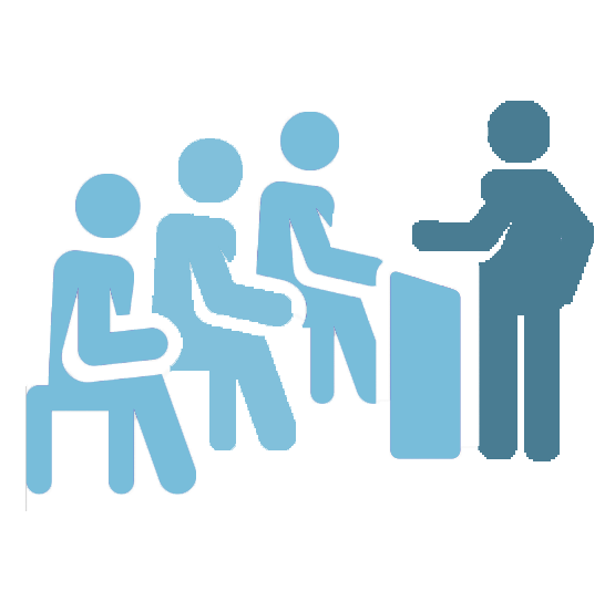 An icon graphic of light blue 'cartoon' people in a meeting consisting of four people. Three are sat down on chairs and one is standing delivering a speech to the group. The speaker is darker blue colour.
