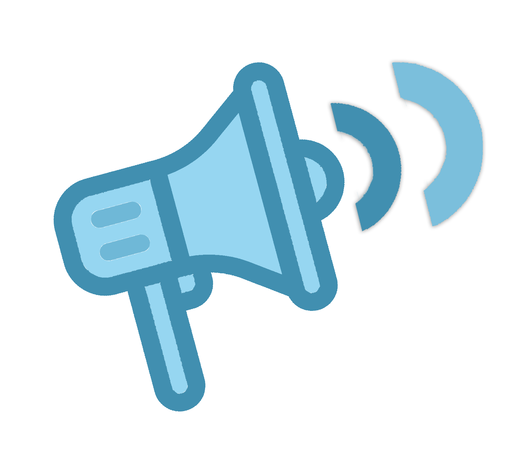 An icon graphic of a light blue megaphone pointing diagonally right, with three graphic sound waves coming out.