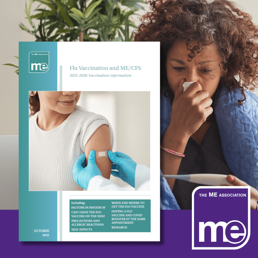 ME Association Flu guidance leaflet for 2025 showing a poorly person and someone having a plaster applied to their arm
