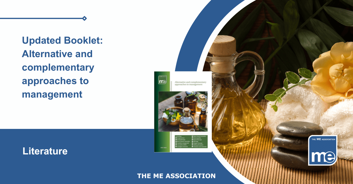 IMAGE DESCRIPTION: An image of a room with alternative and complementary items, i.e. towel, massage oil etc . With the cover of the updated booklet on the left-hand side. Updated booklet: Alternative and complementary approaches to management. The ME Association Logo (bottom right).