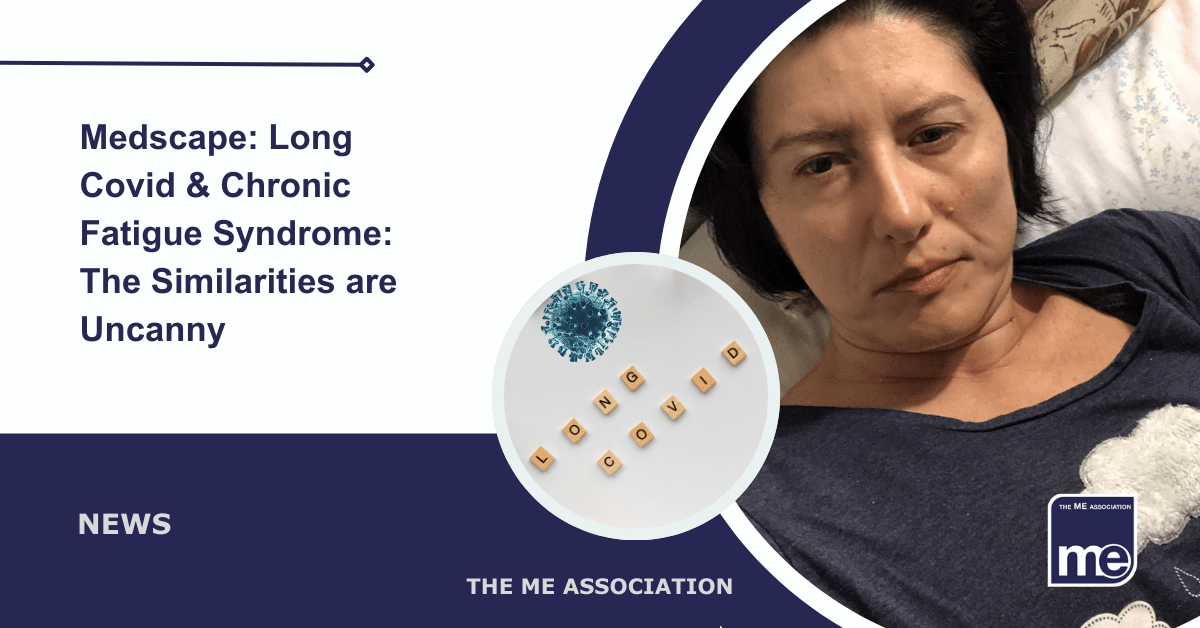 IMAGE DESCRIPTION: An image of a lady with ME/CFS from our Real ME Campaign photos (i.e Real People with ME/CFS) and a circular image saying Long Covid next to a Covid Spike Protein. The ME Association Logo (bottom right).