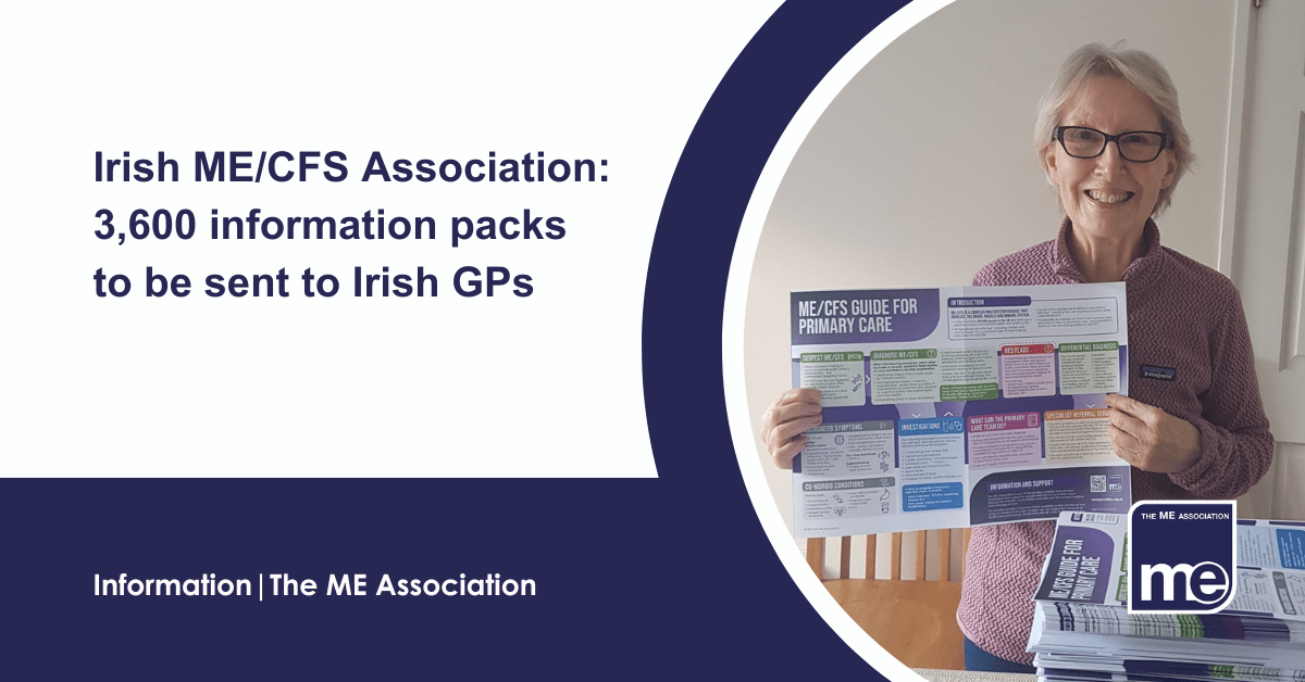 IMAGE DESCRIPTION: An image of Margaret Nolan, trustee of the Irish ME/CFS Association holding up a printed copy of MEA Infographic ready for the GP information packs. Title: trustee of the Irish ME/CFS Association. The ME Association Logo (bottom right).