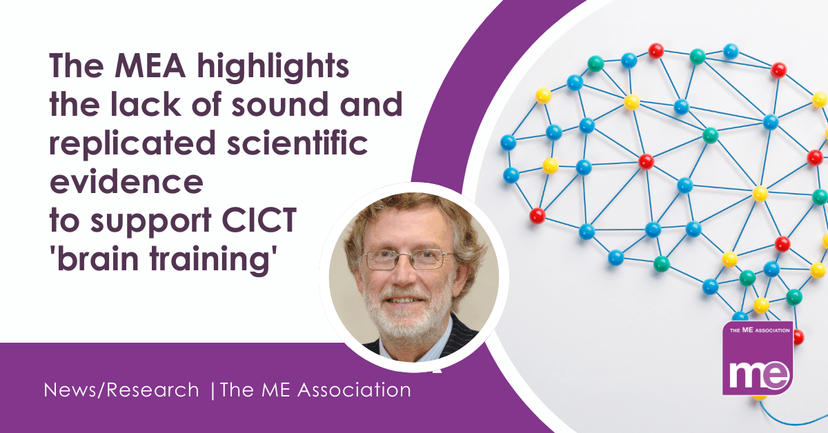 IMAGE DESCRIPTION: An image of the shape of the brain using string and beads. Title: The MEA highlights the lack of sound and replicated scientific evidence to support CICT 'brain training' The ME Association Logo (bottom right)