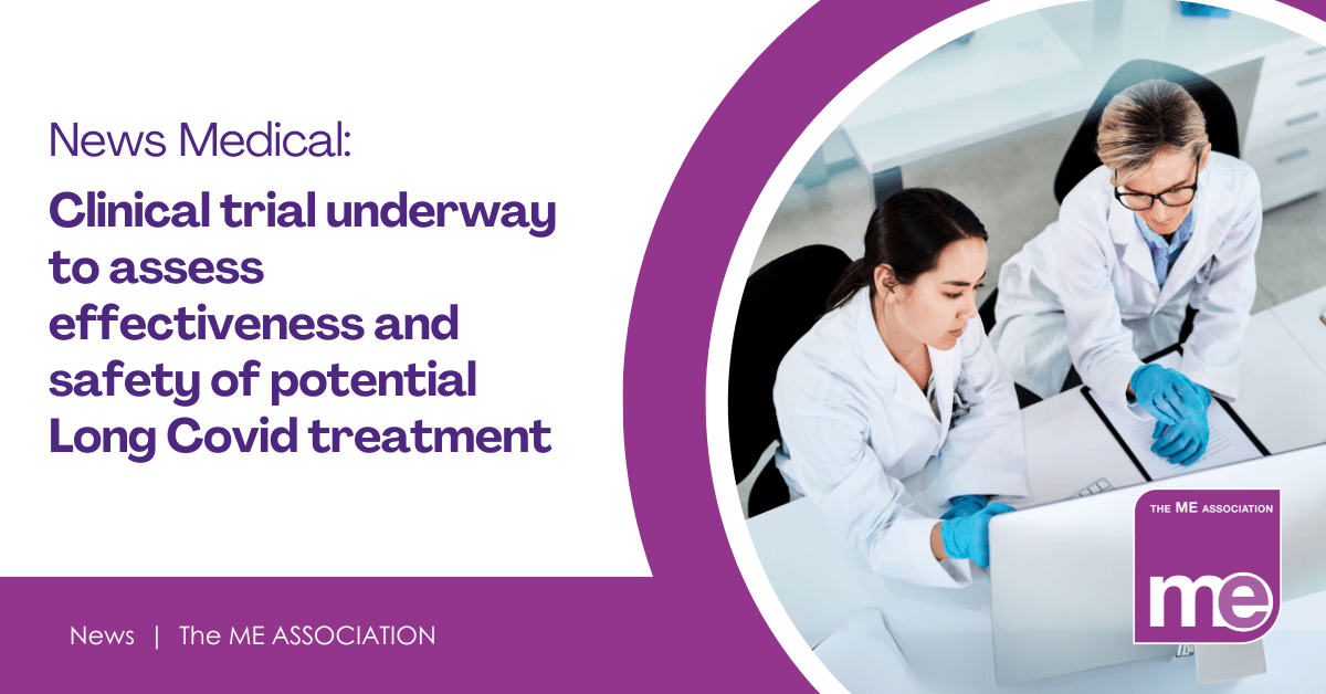IMAGE DESCRIPTION: Photo of 2 medical researchers looking at a computer screen. Wording reads: News Medical: Clinical trial underway to assess effectiveness and safety of potential Long Covid treatment