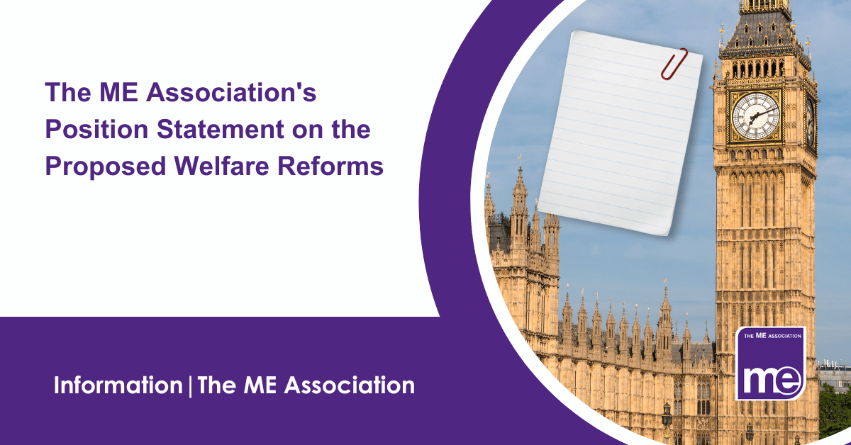 IMAGE DESCRIPTION: An image of the Houses of Parliament with a document (with paperclip) document. Title: The ME Association's Position Statement on the Proposed Welfare Reforms. The ME Association Logo (bottom right).