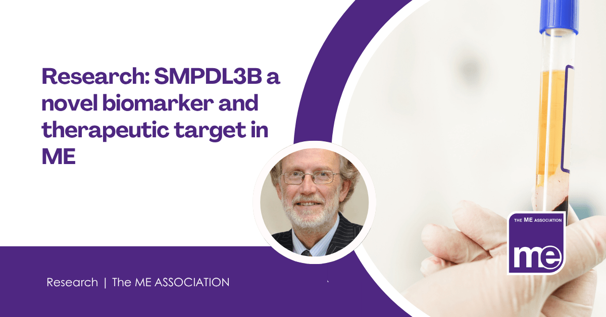 IMAGE DESCRIPTION: An image of a vial of blood showing plasma. Title:Research: SMPDL3B a novel biomarker and therapeutic target in ME. The ME Association Logo (bottom right)