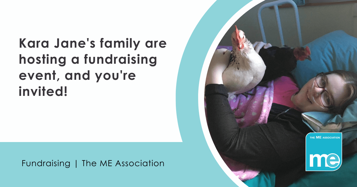 IMAGE DESCRIPTION: Photo of Kara Jane, smiling while lying in bed and holding onto two chickens. Heading - Kara Jane's family are hosting a fundraising event, and you're invited!