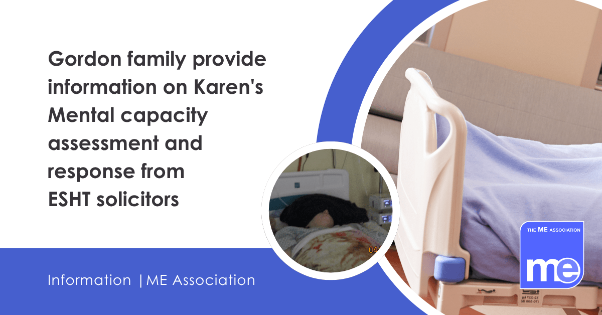 IMAGE DESCRIPTION: Photo of a hospital bed. Photo of Karen Gordon lying in a hospital bed with her eyes covered. Heading - Gordon family provide information on Karen's Mental capacity assessment and response from ESHT solicitors
