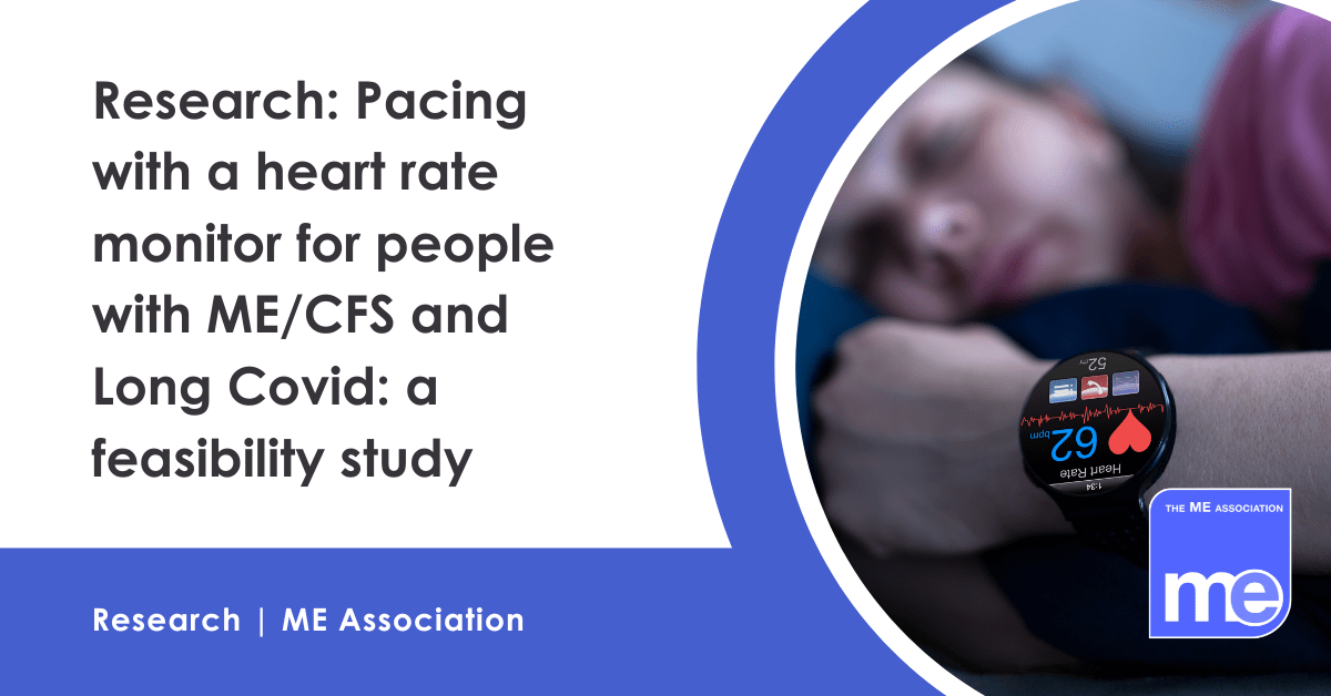 IMAGE DESCRIPTION: Photo of a person resting, with a close-up of their heart rate monitor on their wrist. Wording reads: Research: Pacing with a heart rate monitor for people with ME/CFS and Long Covid: a feasibility study.