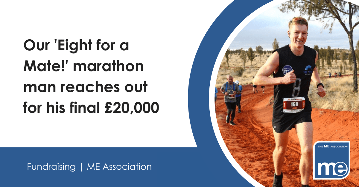 IMAGE DESCRIPTION: Photo of Jack smiling at the camera while running in the Australian outback. Heading - Our 'Eight for a Mate!' marathon man reaches out for his final £20,000