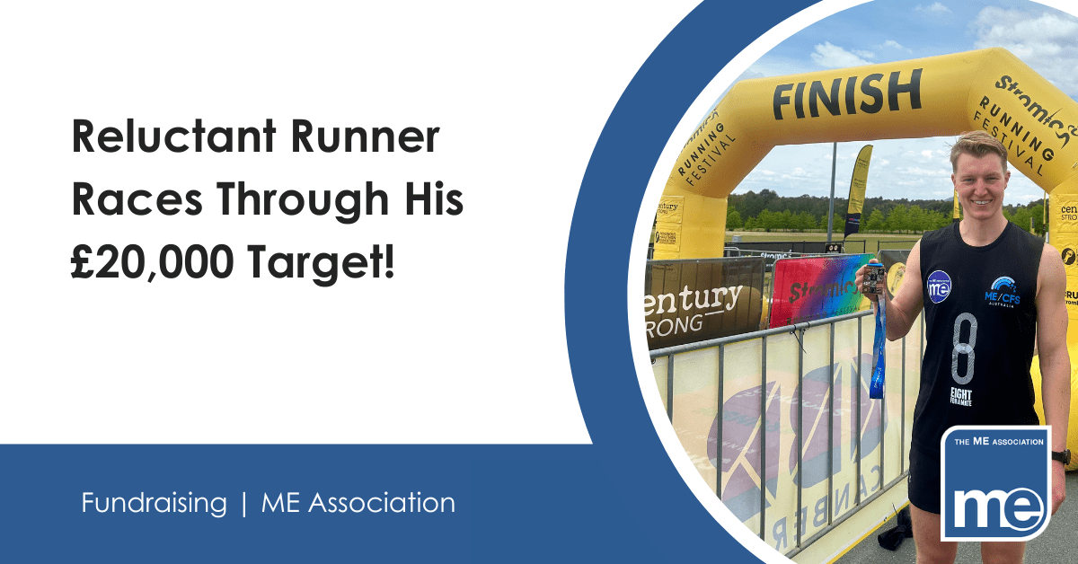 Image description: Photo of Jack at the finish line of his final race. Heading - Reluctant Runner Races Through His £20,000 Target!