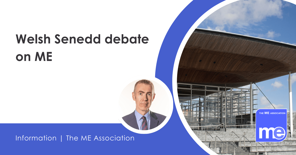 IMAGE DESCRIPTION: Photo of the Senedd building. Photo of Adam Price. Heading - Welsh Senedd debate on ME