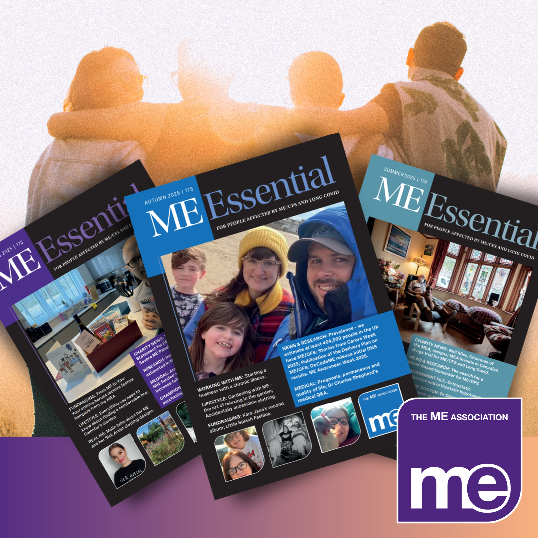 Image of friends hugging and a selected of ME Essential magazines