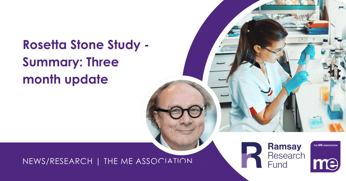 IMAGE DESCRIPTION: An image of a research laboratory with a circular image of Danny Altmann, Professor or Immunology at Imperial College London. Title: Rosetta Stone Study - Summary: Three month update. The MEA and Ramsay Research Logos (bottom right)