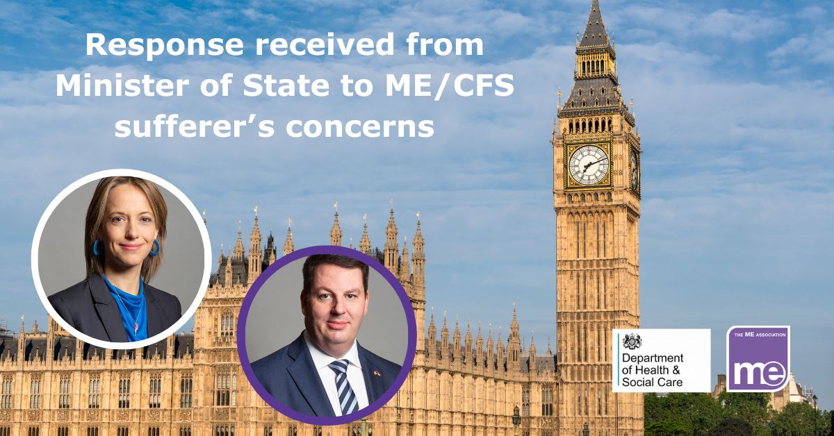 Image description- The background shows Big Ben. Foreground inset pictures are Helen Whately and Andrew Percy. Department of Health and Social Care Logo and ME Association logo (bottom right)