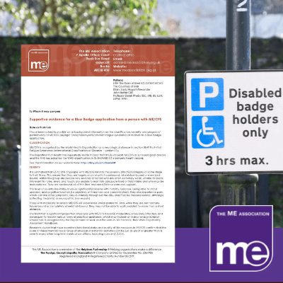 IMAGE DESCRIPTION: An image of a Disabled Badge Holders Only Sign. With an overlay of the first page of the template letter (bottom left) and the ME Association logo (bottom right).