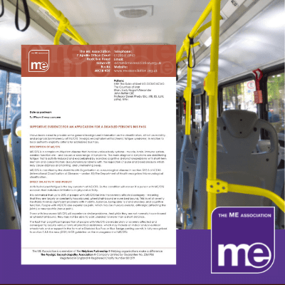 IMAGE DESCRIPTION: A picture of the inside of a bus.. With an overlay of the image of the first page of the template letter (bottom left) and the ME Association logo (bottom right).