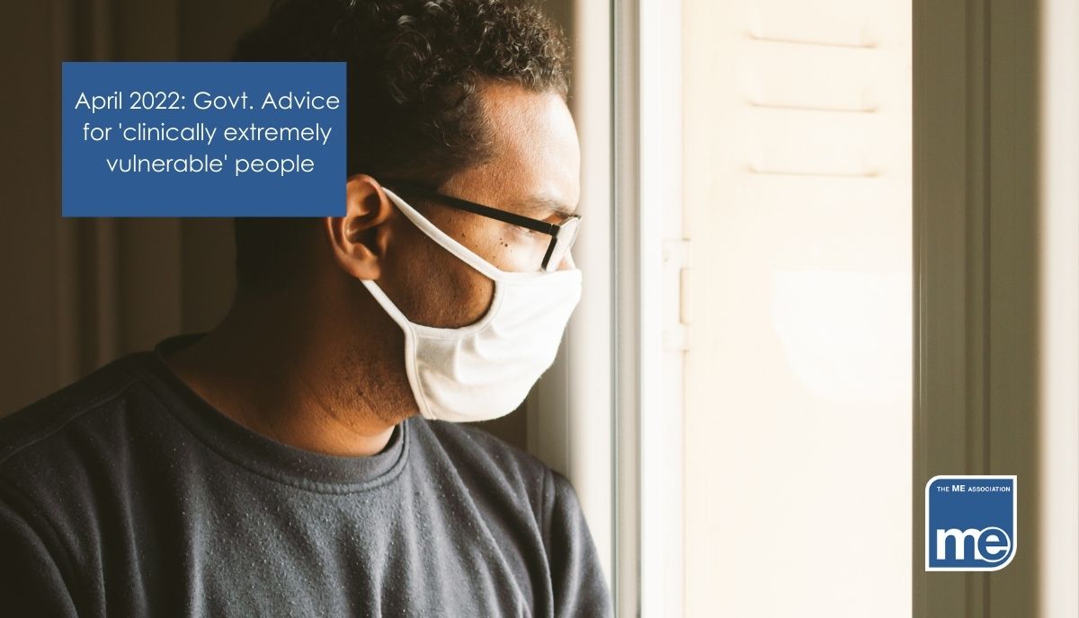 IMAGE DESCRIPTION: An image of a person of colour shielding inside with a Covid mask on to represent why they are shielding. With the title of the blog and the ME Association (bottom right).