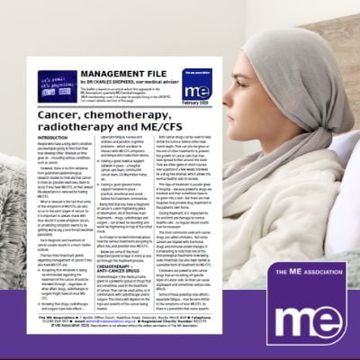 IMAGE DESCRIPTION: A lady sitting up in bed with a bandana headband. With an overlay of the first page of the leaflet (bottom left) and the ME Association logo (bottom right)