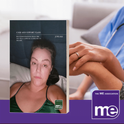 IMAGE DESCRIPTION: Healthcare professional holding a young persons hand, With an overlay of an image of the booklet cover (bottom left) and the ME Association logo (bottom right)