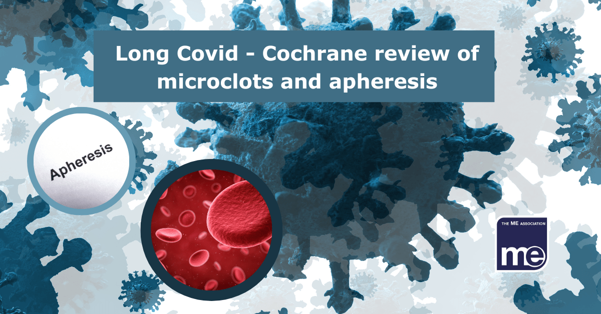 IMAGE DESCRIPTION: An image of Covid spike proteins with two circular images; one of the word 'apheresis' and the other is a photo of red blood cells. The title reads: Long Covid – Cochrane review of microclots and apheresis. The ME Association logo (bottom right)
