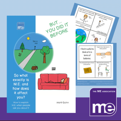 IMAGE DESCRIPTION: A couple of pages from inside the comic explaining ME/CFS using branded versus unbranded batteries. With an overlay of an image of the comic front cover (bottom left) and the ME Association logo (bottom right).