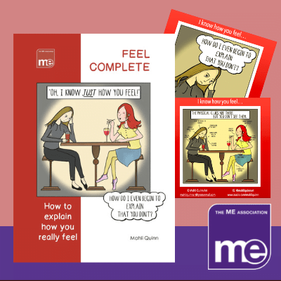 IMAGE DESCRIPTION: Image of a couple of pages from inside the comic. With an overlay of the image of the front cover of the comic (bottom left) and the ME Association Logo (bottom right).
