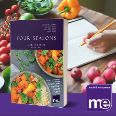 IMAGE DESCRIPTION: Image of a person writing a recipe surrounded by fruit and vegetables. With an overlay of the cover of the cookbook - Four Seasons- (bottom left) and the ME Association logo (bottom right).