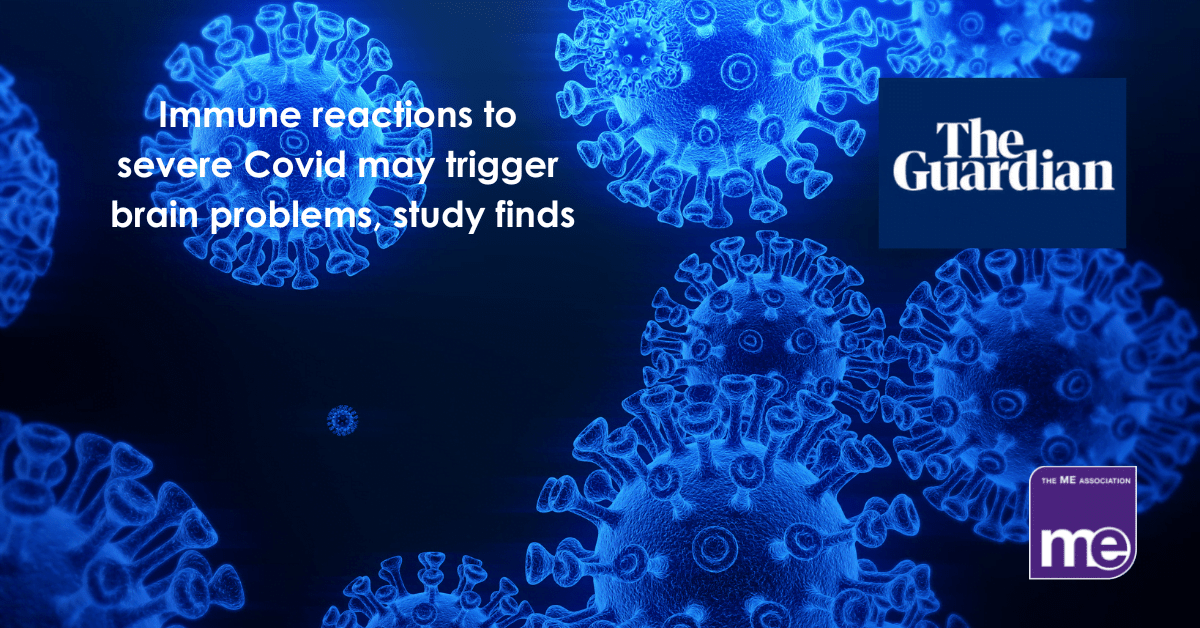 IMAGE DESCRIPTION: An image of Covid spike protein with the title of the article (top left). The Guardian logo (top right) and the ME Association logo (bottom right)