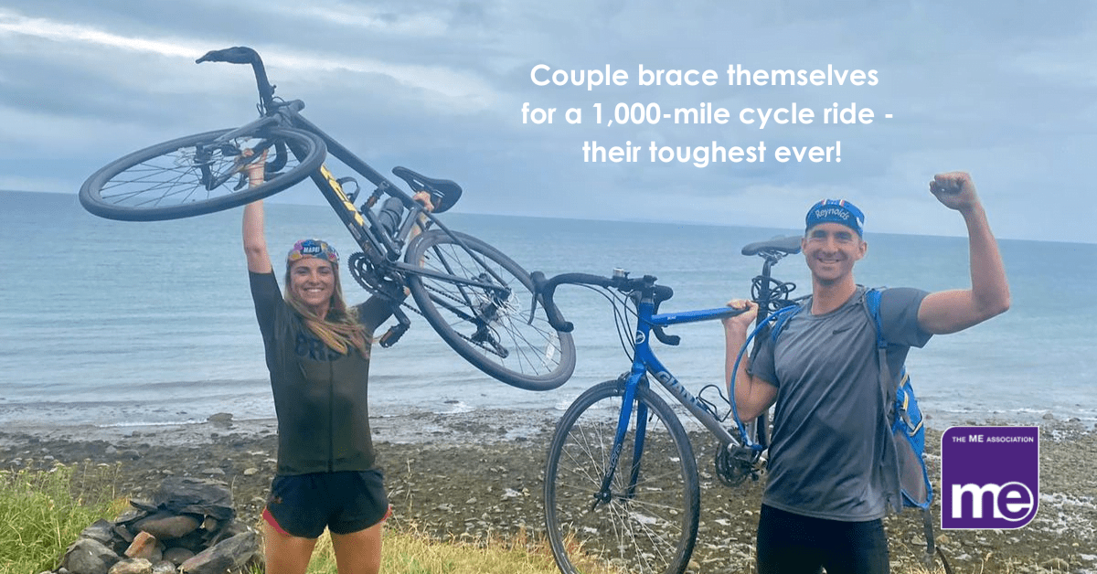 IMAGE DESCRIPTION: A picture of the couple holding up their bikes and cheering. With the title at the top and the ME Association logo (bottom right).