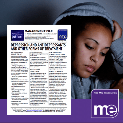IMAGE DESCRIPTION: An image of a person of colour (female) with her hand on her head looking down experiencing depression. With an overlay of an image of the first page of the leaflet (bottom left) and the ME Association logo (bottom right).