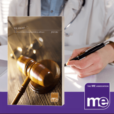 IMAGE DESCRIPTION: Image of a doctor writing a letter as medical evidence. With an overlay of an image of the benefit guide's cover (bottom left) and the ME Association (bottom right).