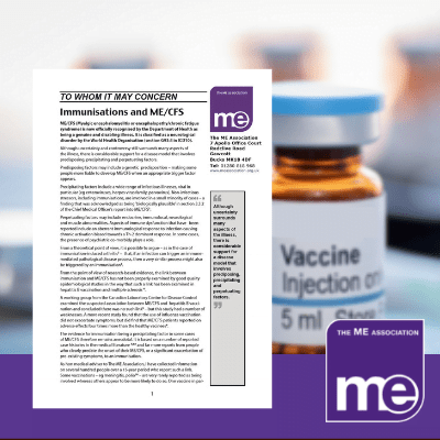 IMAGE DESCRIPTION: An image of a vaccine vial. With an overlay of the first page of the template letter (bottom left) and the ME Association logo (bottom right).