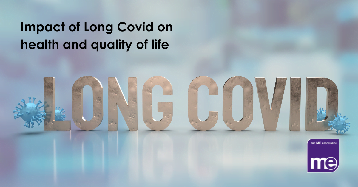 IMAGE DESCRIPTION: An image with large bold wording 'Long Covid' with the virus spike protein image either side of the words. The title of the blog (top left) and the ME Association logo (bottom right)