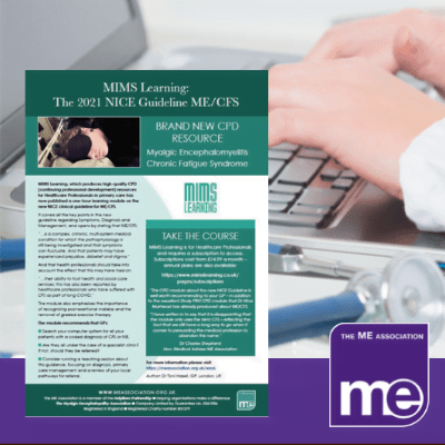 IMAGE DESCRIPTION: Image of a healthcare professional on a laptop. With an overlay of the image of the poster (bottom left) and the ME Association logo (bottom right).