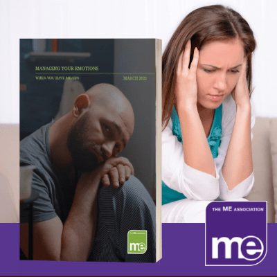 IMAGE DESCRIPTION: A lady with her head in her hands. With an overlay of an image of the booklet cover (bottom left) and the ME Association logo (bottom right),
