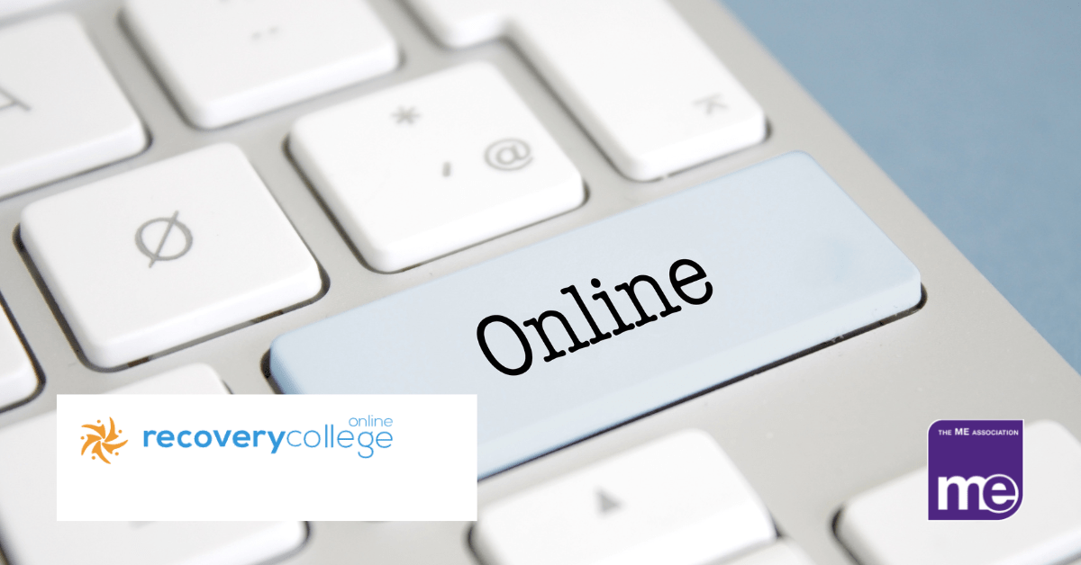 IMAGE DESCRIPTION: A keyboard with a key that says online. The Recover College logo (bottom left) and the ME Association logo (bottom right)