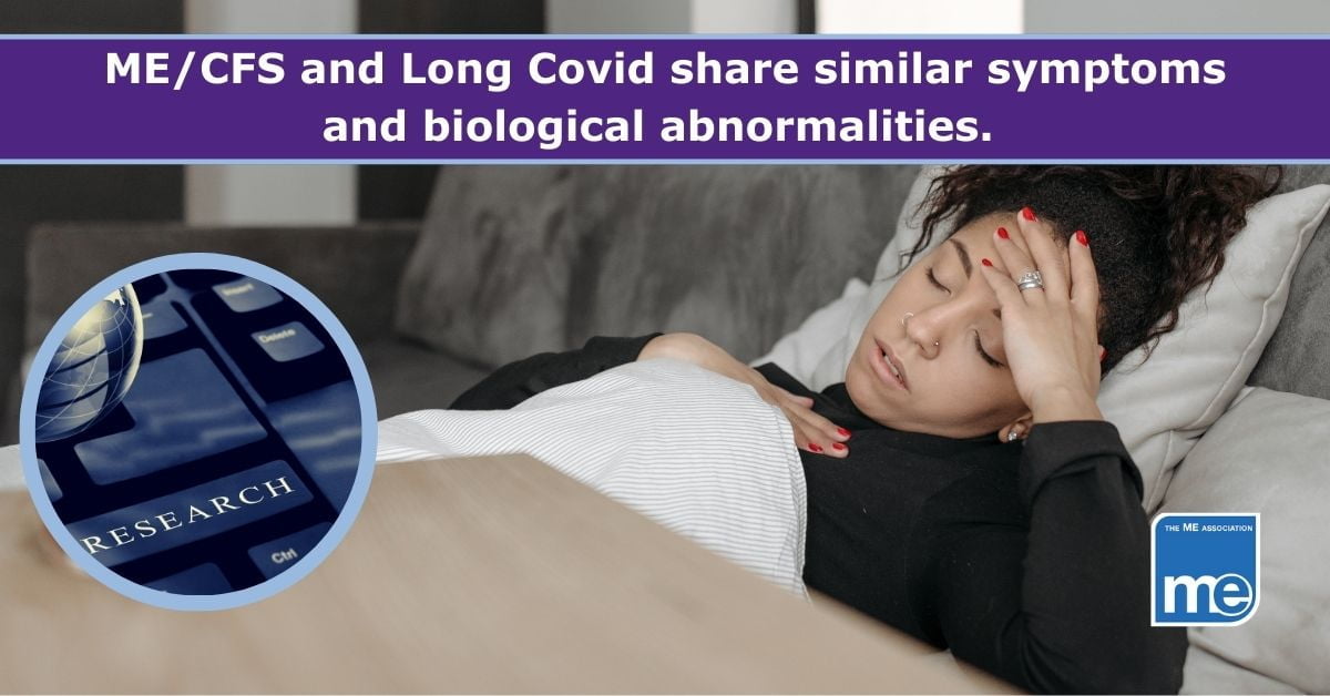 Image description: A person with ME/CFS lies in bed. The Inset picture shows a computer keyboard with research written on it and a globe. The title reads: ME/CFS and Long Covid share similar symptoms and biological abnormalities. MEA logo (bottom right)
