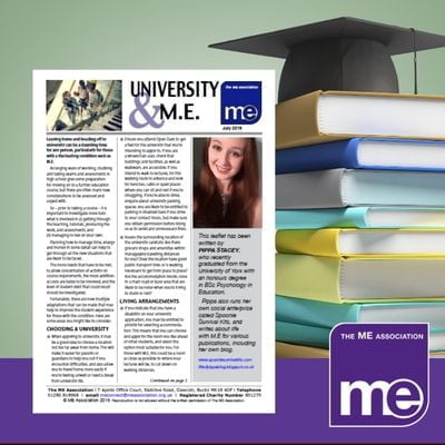 IMAGE DESCRIPTION: A picture of a stack of books with a graduation mortar board had on top. With an overlay of the first page of the leaflet (bottom left) and the ME Association logo (bottom right).