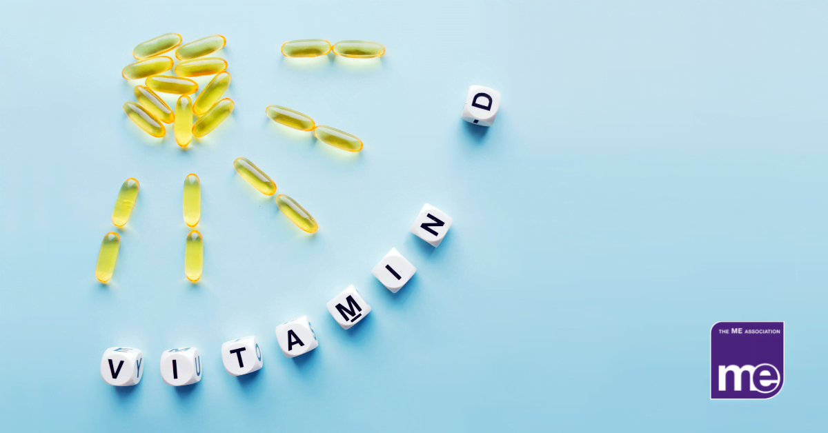 IMAGE DESCRIPTION: An image of Vitamin D capsules placed into a sun with Vitamin D writing. The ME Association logo (bottom right)