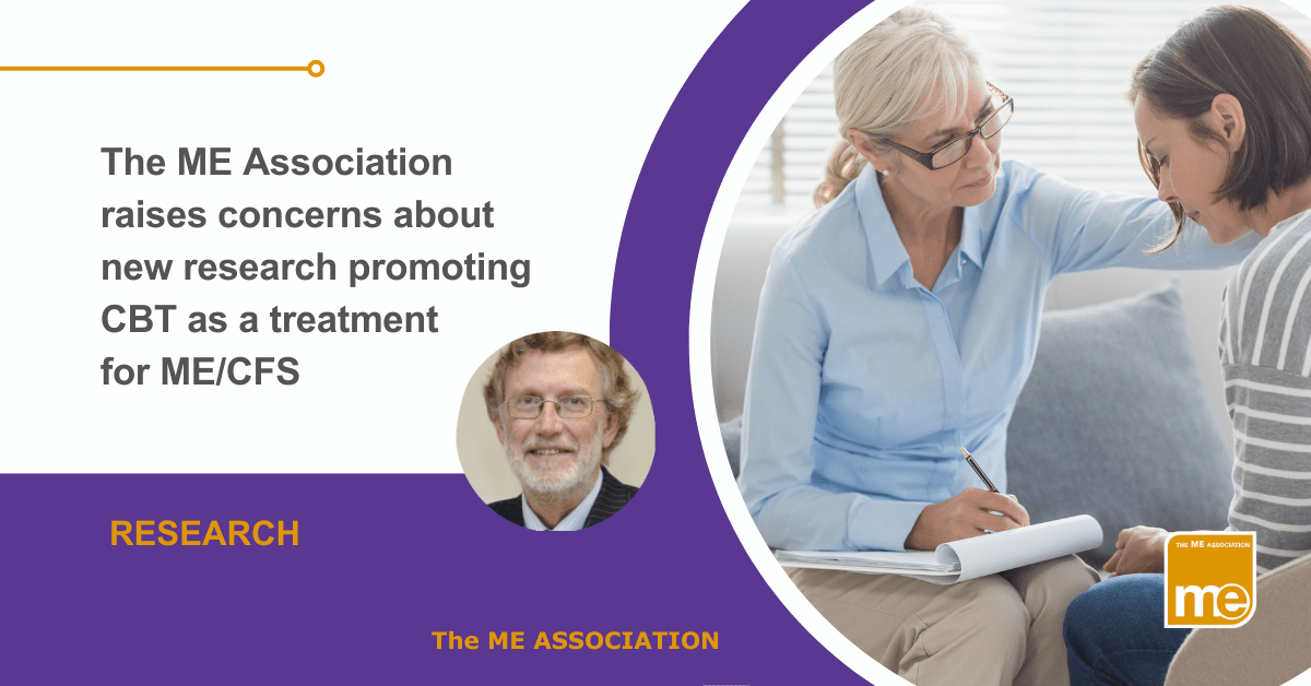 IMAGE DESCRIPTION: A lady talking to a patient with a circular image of Dr Charles Shepherd, Honorary Medical Adviser to the ME Association. The title reads: ME Association raises concerns about new research promoting CBT as a treatment for ME/CFS. The ME Association Logo (bottom right).