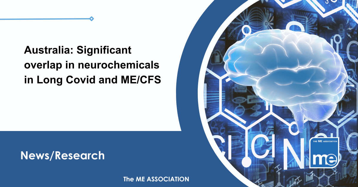 IMAGE DESCRIPTION: An image of neurochemicals represented by chemical formulae with an overlay of an image of the brain. The title reads: Australia: Significant overlap in neurochemicals in Long Covid and ME/CFS. The ME Association Logo (bottom right).