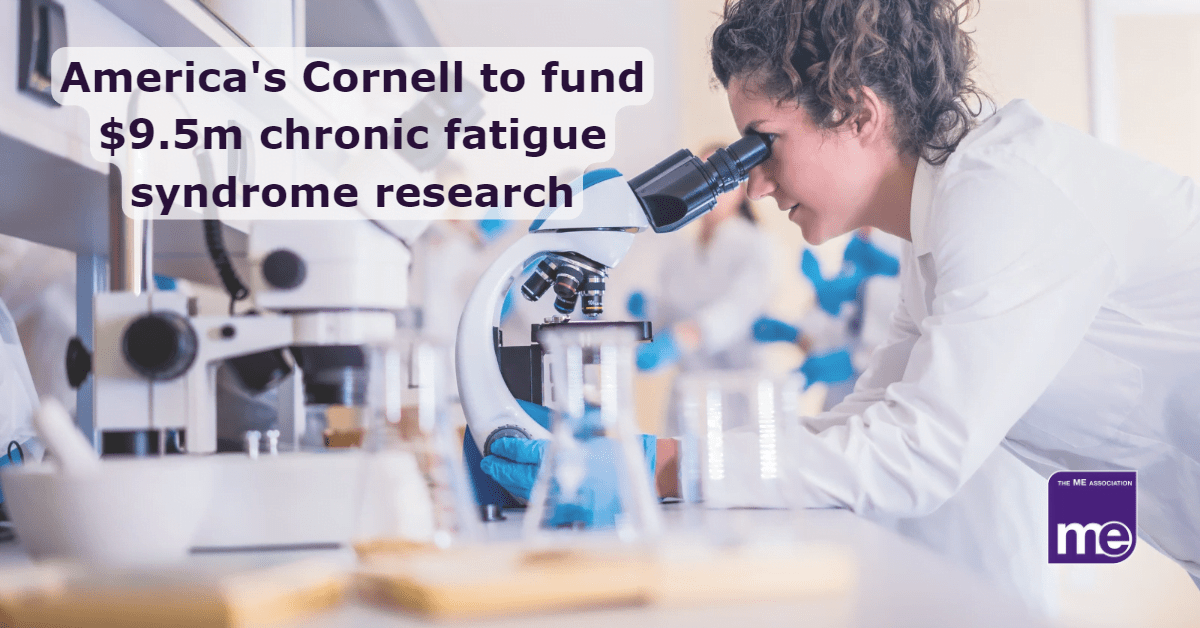 Image Description: A person in a white coat is looking through a microscope for chronic fatigue syndrome research. The title reads America's Cornell to fund $9.5m chronic fatigue research. The ME association logo (bottom right)