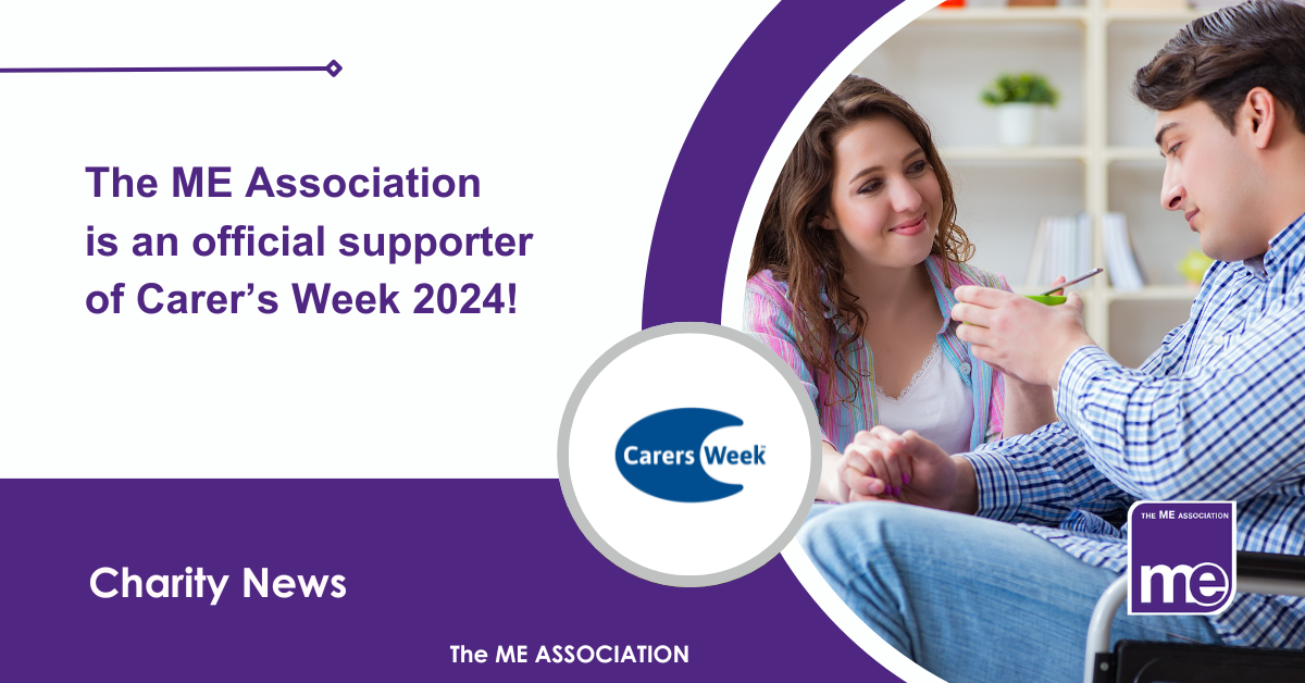 IMAGE DESCRIPTION: An image of a man in a wheelchair being helped by his partner who is offering him a bowl of food. Title: The ME Association is an official supporter of Carer’s Week 2024! The ME Association Logo (bottom right).